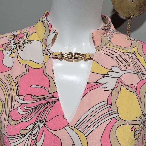 Tahari Shirt Dress Women Size 8 NEW Pink Retro 60 Pink Floral Mini Stretchy Knit - Picture 4 of 12